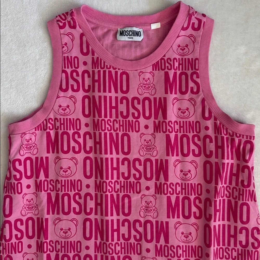 Moschino Teen | 2020 Teddy Bear Allover Logo Drop Waist High Low Dress Pink 14 - Picture 2 of 15